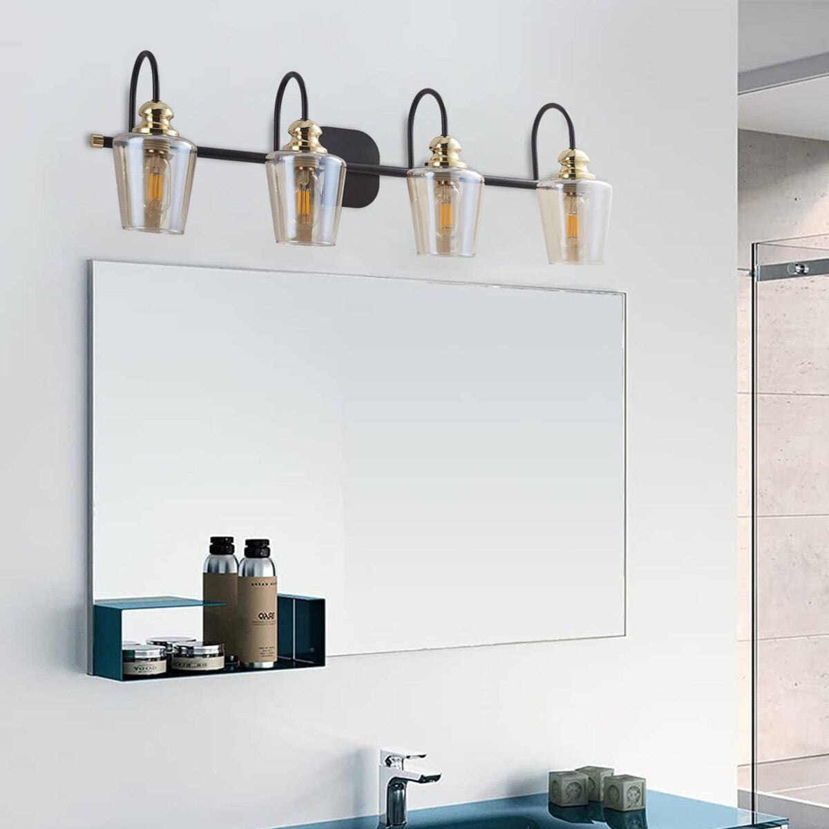 4 Light Bathroom Vanity Light Fixtures Industrial Lights Mirror Black & Gold Metal Wall Sconce Lighting With Clear Glass Shade