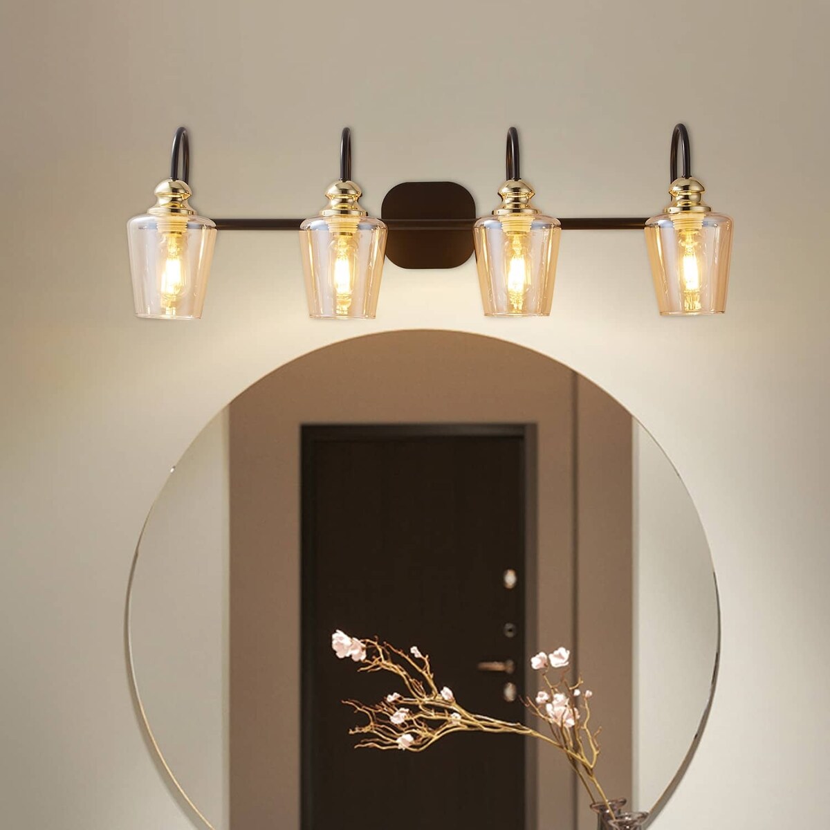 4 Light Bathroom Vanity Light Fixtures Industrial Lights Mirror Black & Gold Metal Wall Sconce Lighting With Clear Glass Shade