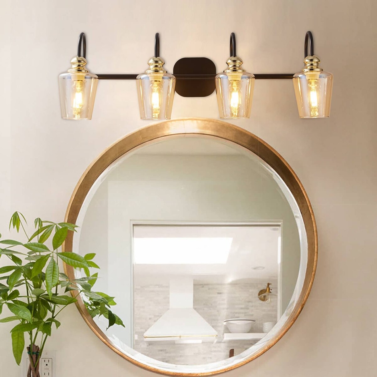 4 Light Bathroom Vanity Light Fixtures Industrial Lights Mirror Black & Gold Metal Wall Sconce Lighting With Clear Glass Shade