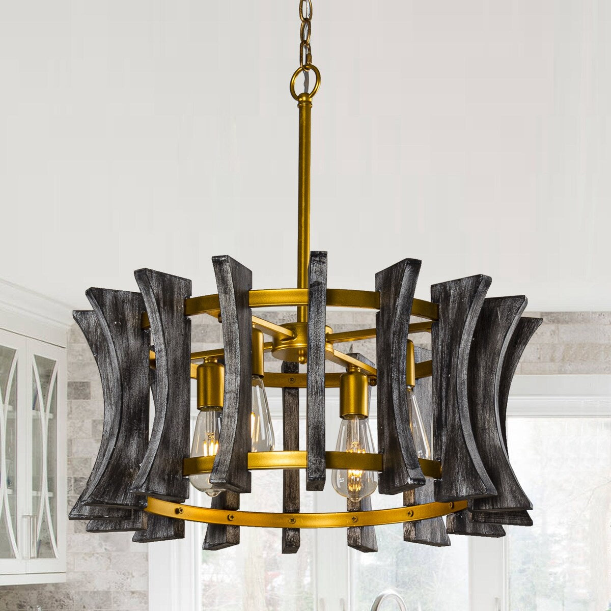 4-Light Brushed Gold Farmhouse Dry rated Chandelier - 23.8 inches Lx 23.8 inches W x 24 inches H