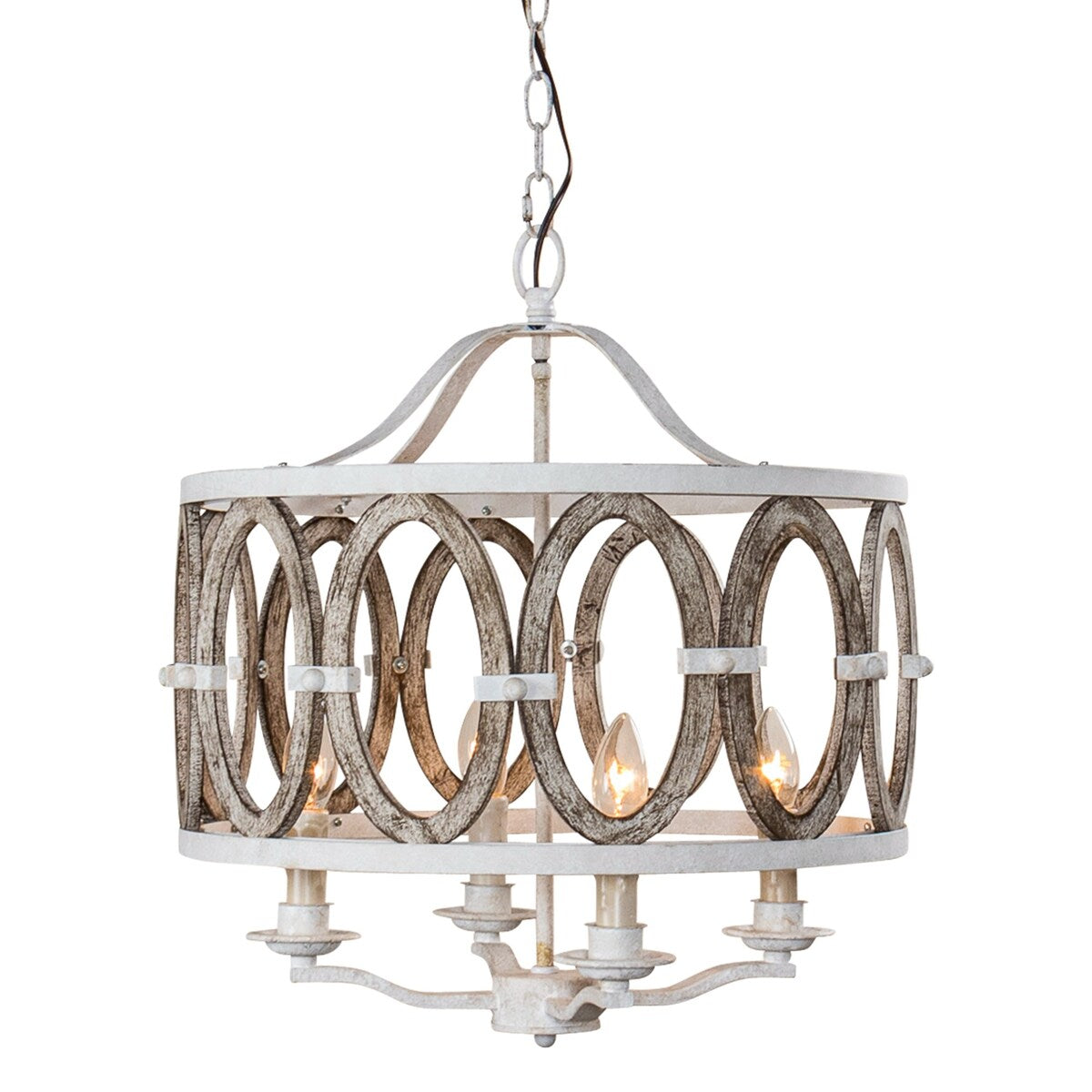 Farmhouse 4-Light Distressed White Drum Shade Wooden Chandelier - 18.9-in W