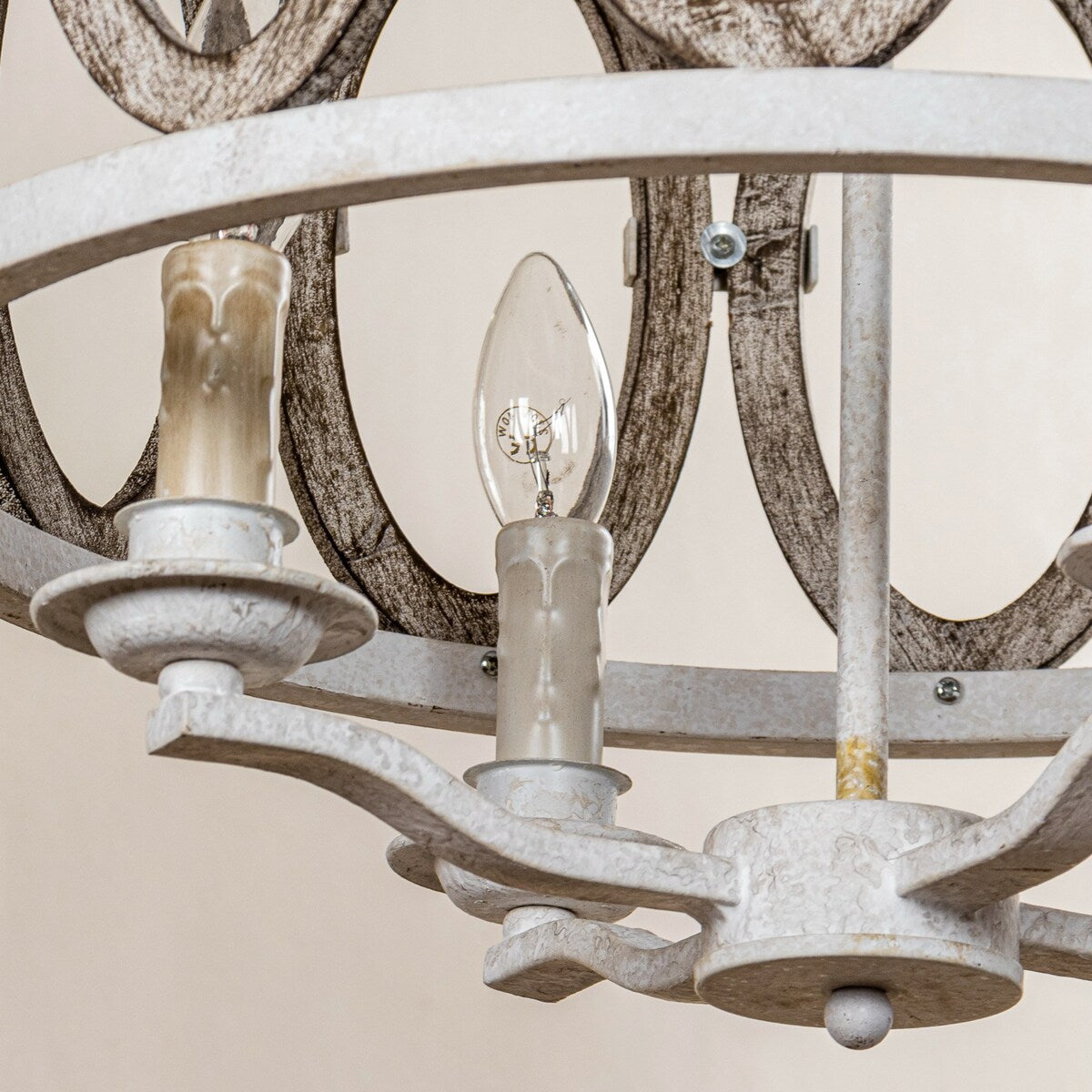 Farmhouse 4-Light Distressed White Drum Shade Wooden Chandelier - 18.9-in W