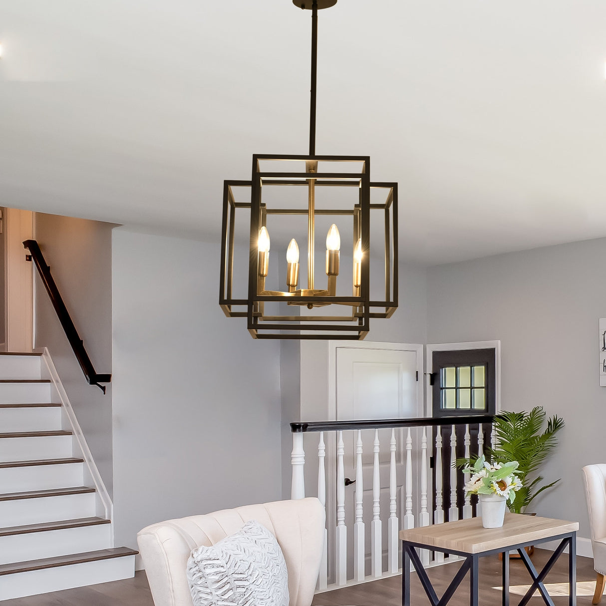 4 Light Foyer Chandelier, Lantern Pendant Light Cage Hanging Light for Entryway Dining Room, Black and Gold Finish