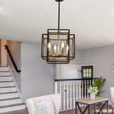 4 Light Foyer Chandelier, Lantern Pendant Light Cage Hanging Light for Entryway Dining Room, Black and Gold Finish