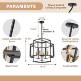 4 Light Foyer Chandelier, Lantern Pendant Light Cage Hanging Light for Entryway Dining Room, Black and Gold Finish