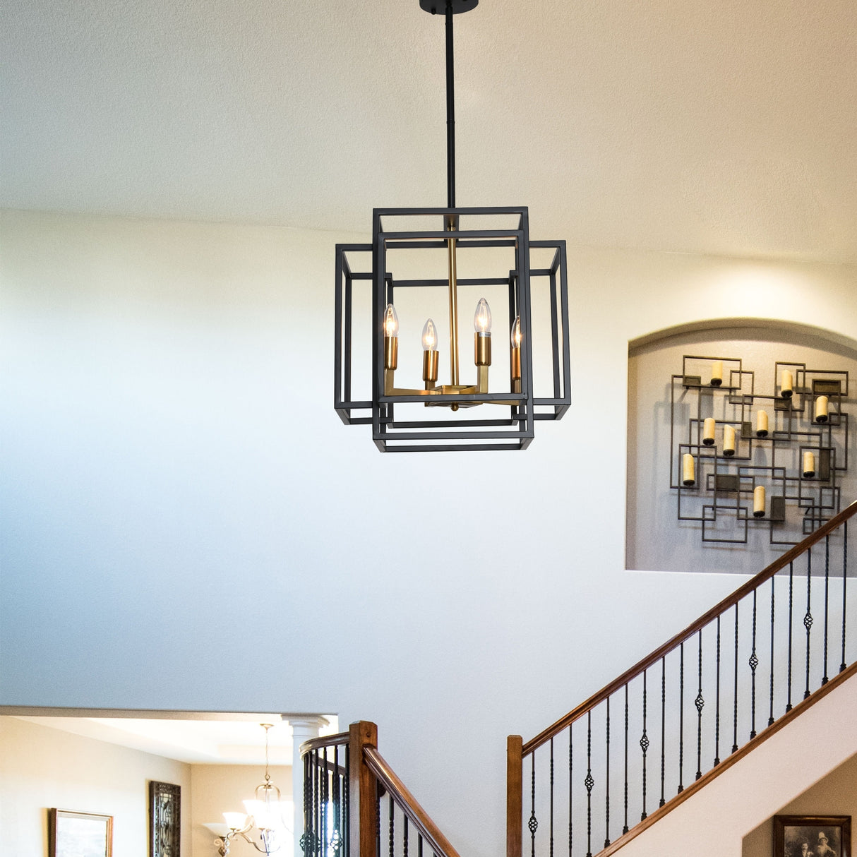 4 Light Foyer Chandelier, Lantern Pendant Light Cage Hanging Light for Entryway Dining Room, Black and Gold Finish