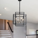 4 Light Foyer Chandelier, Lantern Pendant Light Cage Hanging Light for Entryway Dining Room, Black and Gold Finish