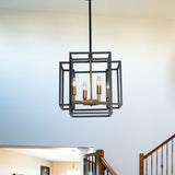 4 Light Foyer Chandelier, Lantern Pendant Light Cage Hanging Light for Entryway Dining Room, Black and Gold Finish