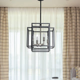 4 Light Foyer Chandelier, Lantern Pendant Light Cage Hanging Light for Entryway Dining Room, Black and Gold Finish