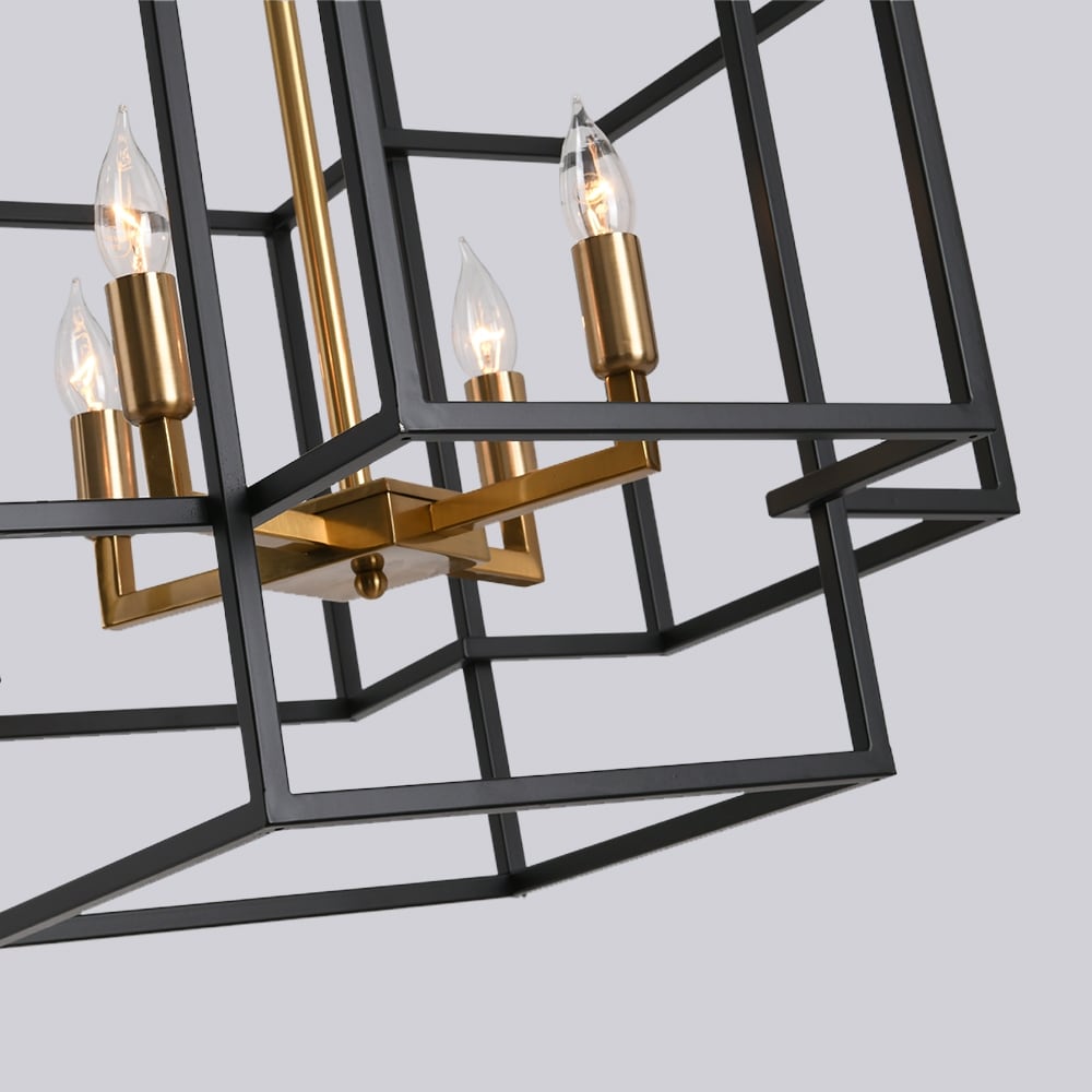 4 Light Foyer Chandelier, Lantern Pendant Light Cage Hanging Light for Entryway Dining Room, Black and Gold Finish