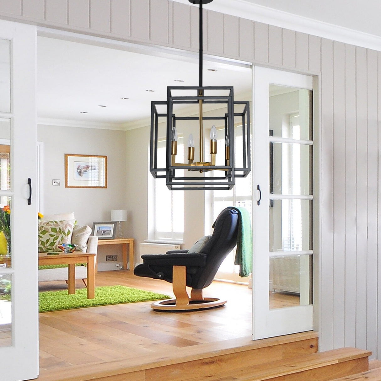 4 Light Foyer Chandelier, Lantern Pendant Light Cage Hanging Light for Entryway Dining Room, Black and Gold Finish