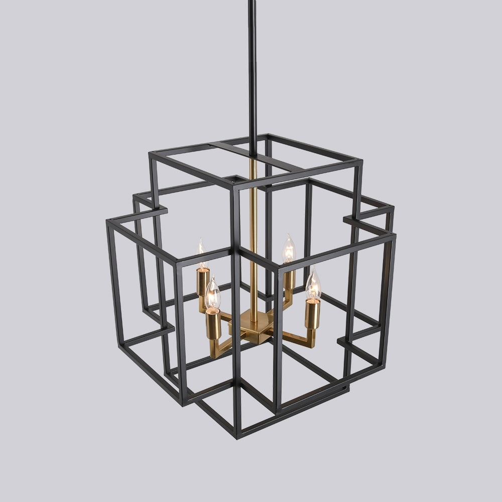 4 Light Foyer Chandelier, Lantern Pendant Light Cage Hanging Light for Entryway Dining Room, Black and Gold Finish