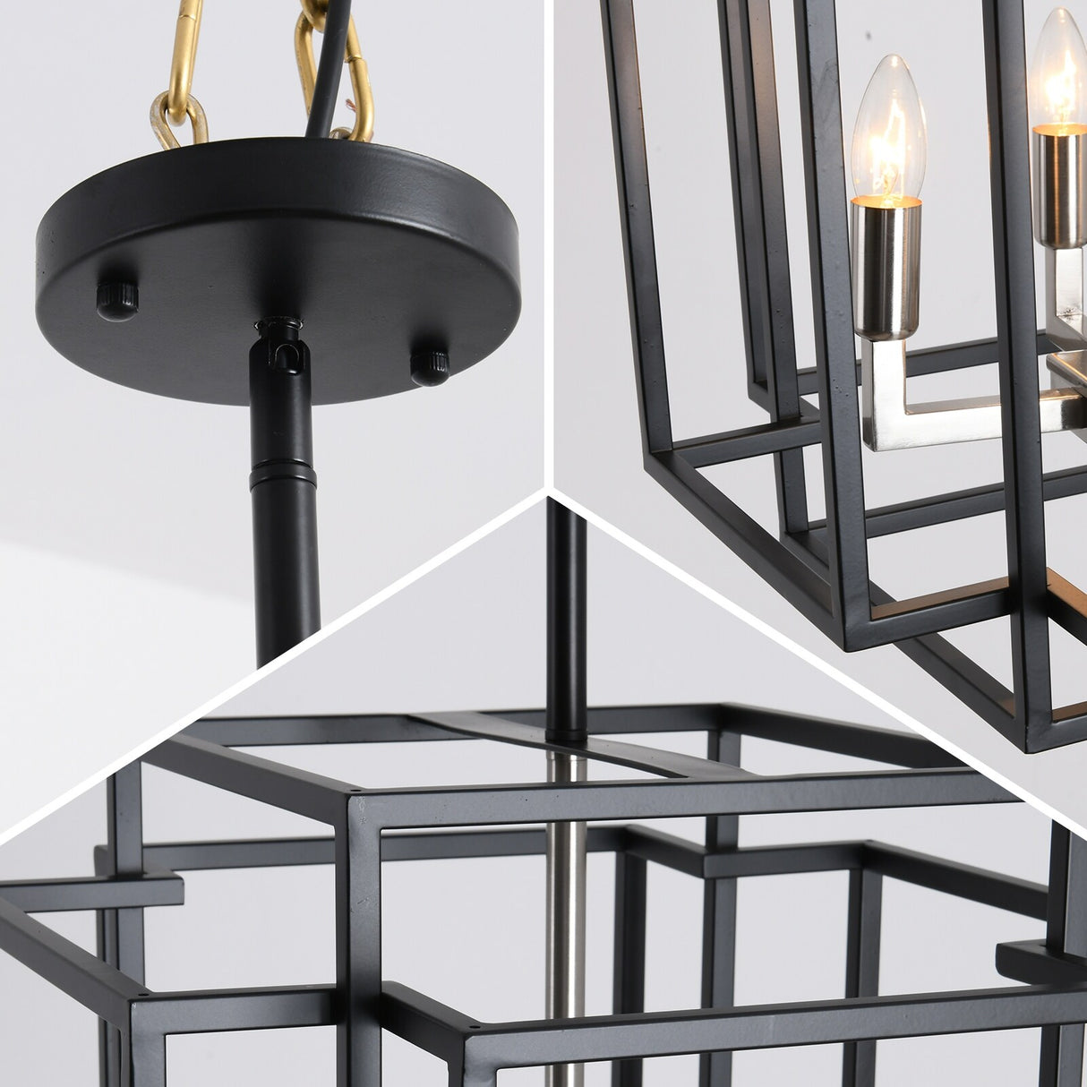 4 Light Foyer Chandelier, Lantern Pendant Light Cage Hanging Light for Entryway Dining Room, Black and Gold Finish