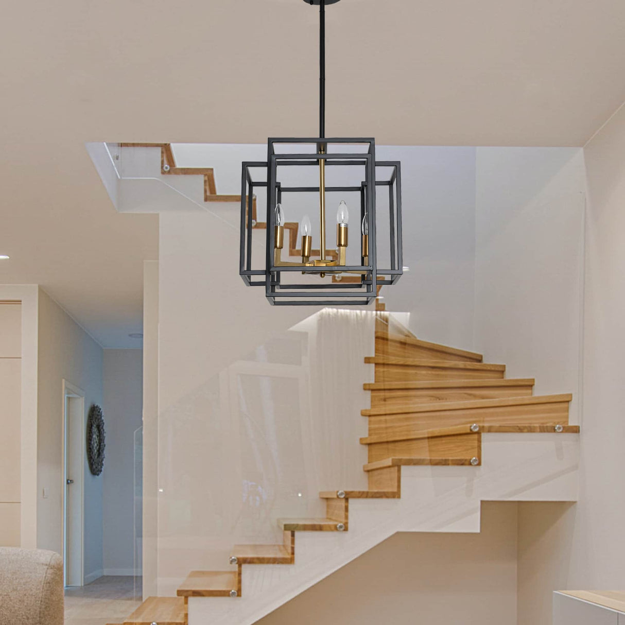 4 Light Foyer Chandelier, Lantern Pendant Light Cage Hanging Light for Entryway Dining Room, Black and Gold Finish