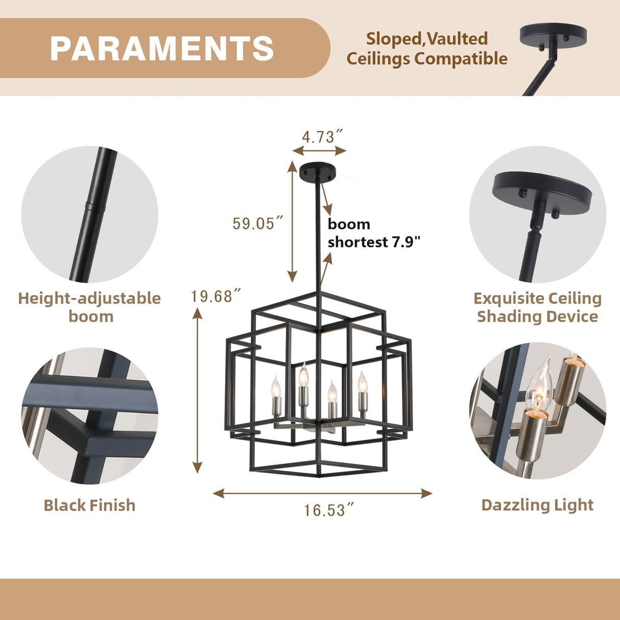 4 Light Foyer Chandelier, Lantern Pendant Light Cage Hanging Light for Entryway Dining Room, Black and Gold Finish