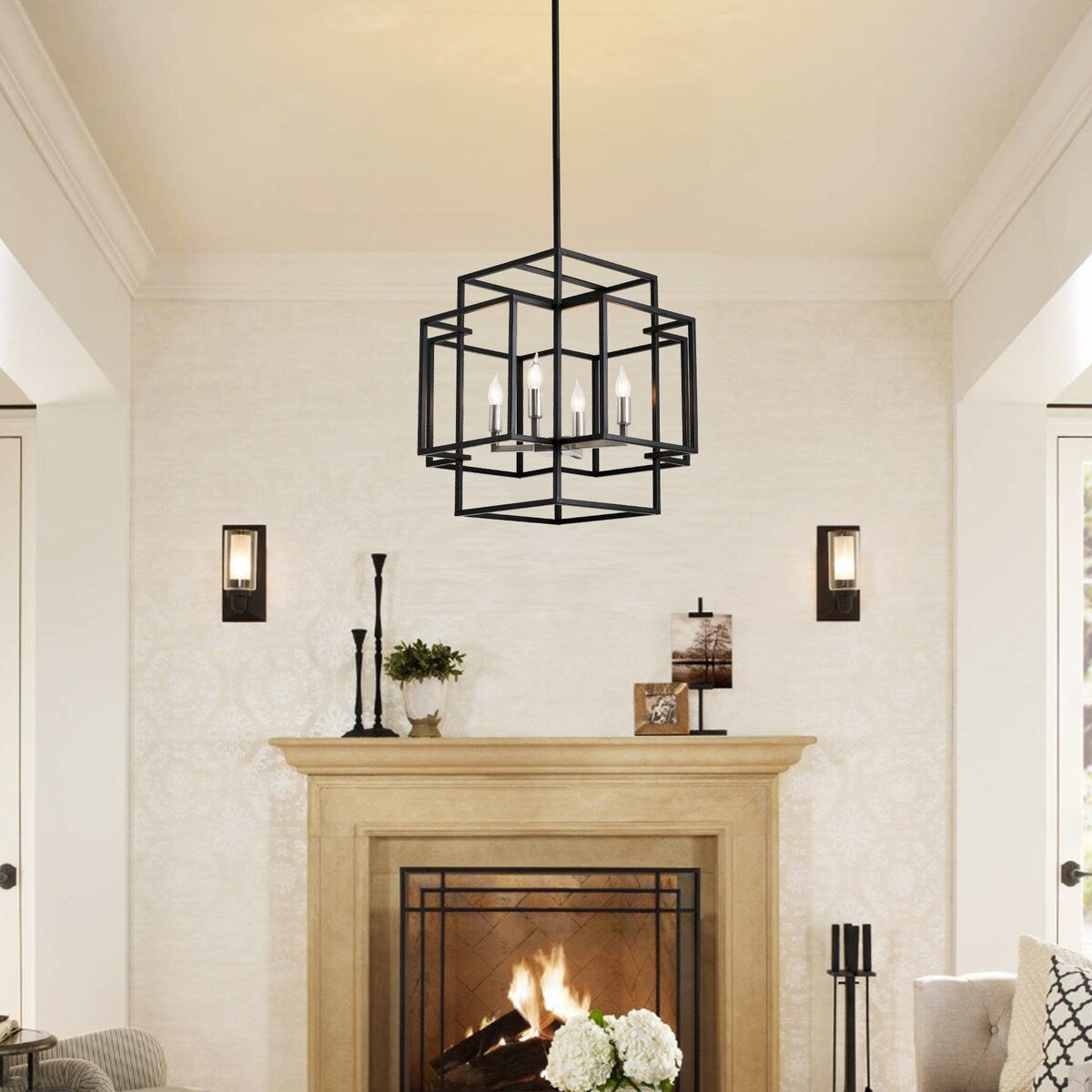 4-Light Metal Tiered Rectangle Lantern Chandelier