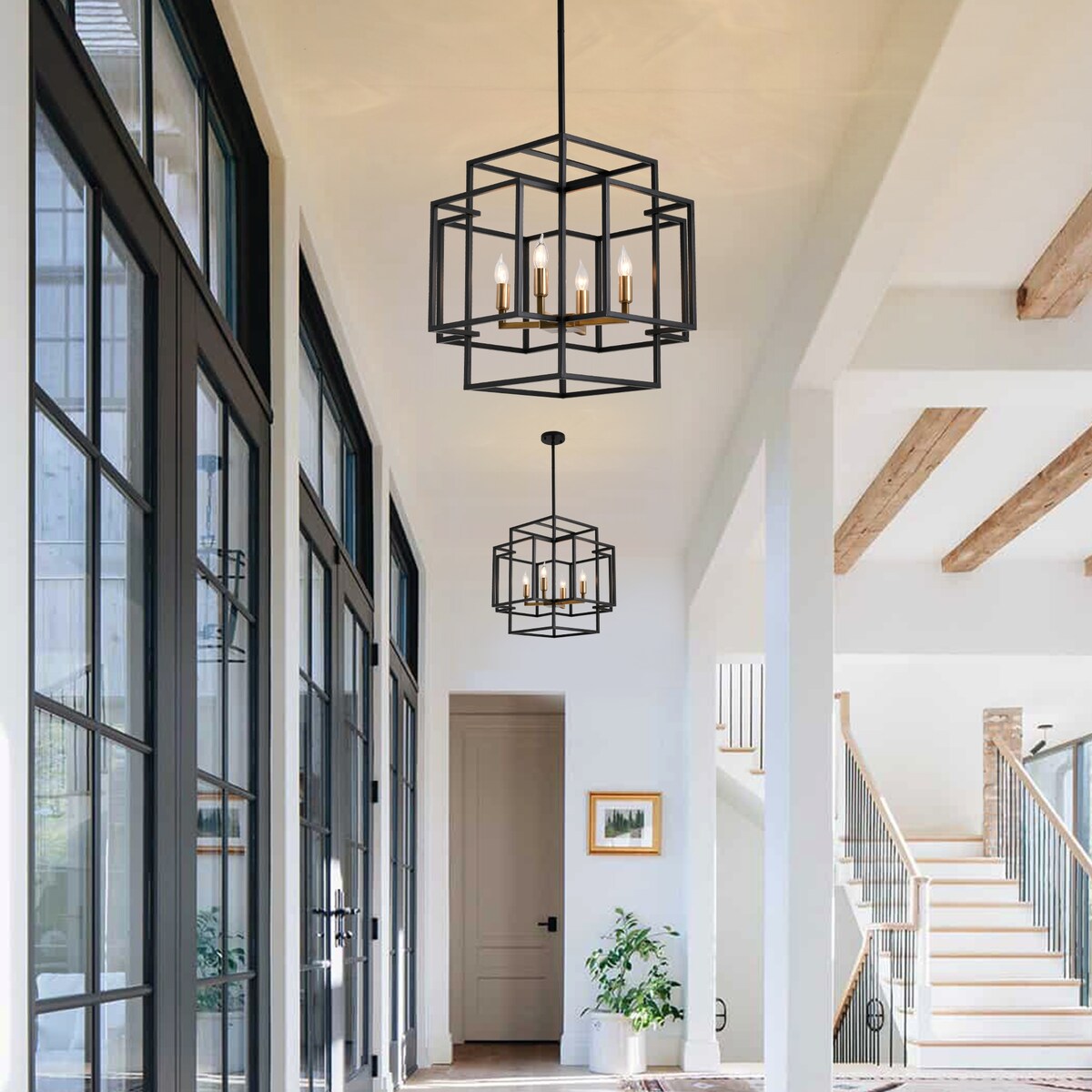 4-Light Metal Tiered Rectangle Lantern Chandelier