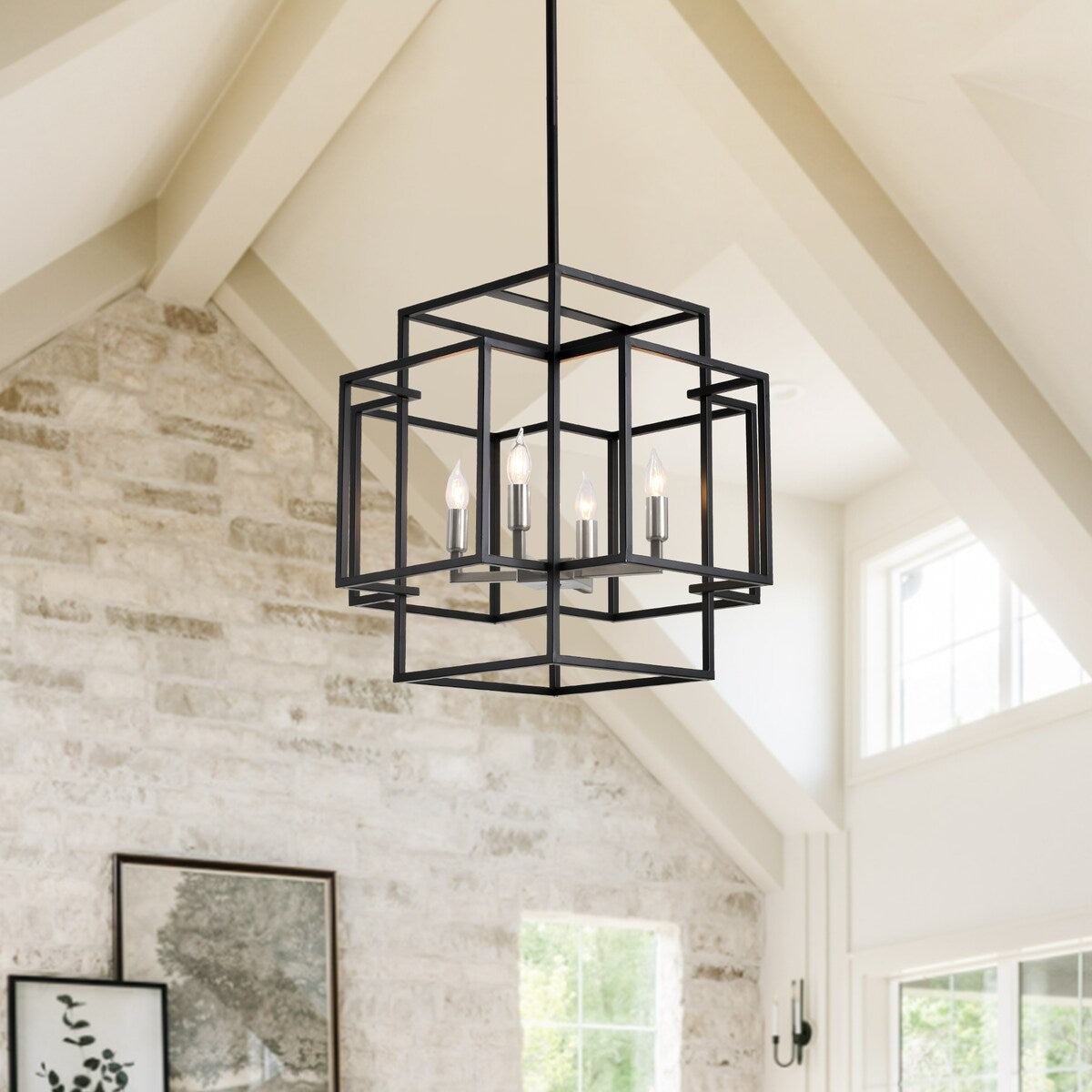 4-Light Metal Tiered Rectangle Lantern Chandelier