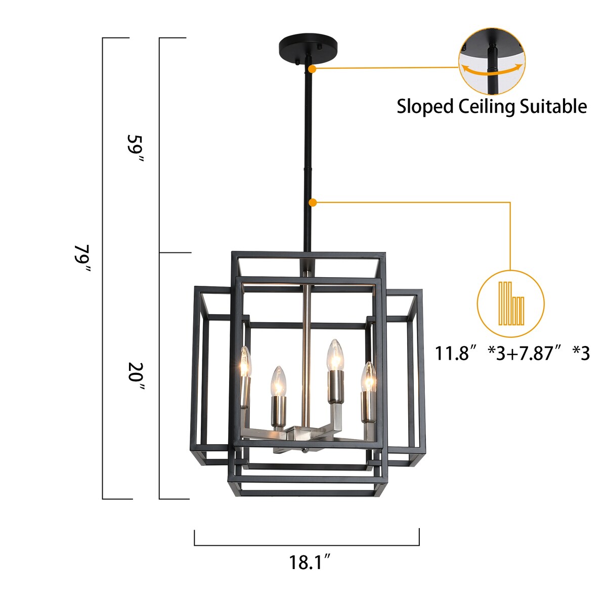 4-Light Metal Tiered Rectangle Lantern Chandelier