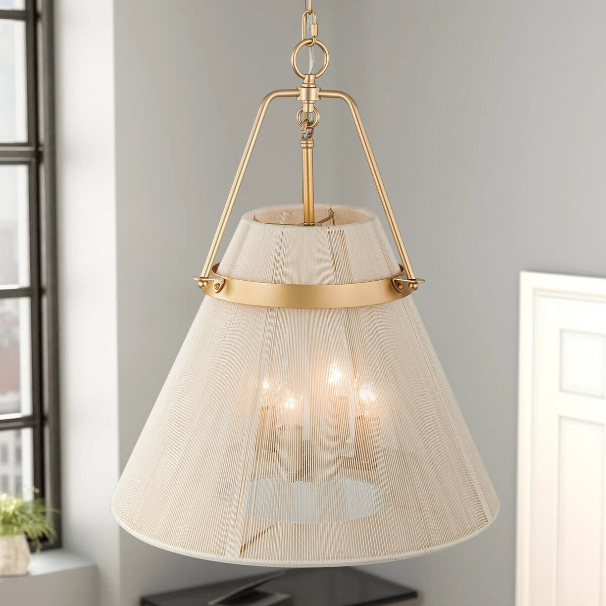 4-Light Modern Boho Hand-Woven Ivory Rope Pendant Kitchen Island Lighting Fabric Drum Chandelier - 18.1 in. W x 21.6 in. H