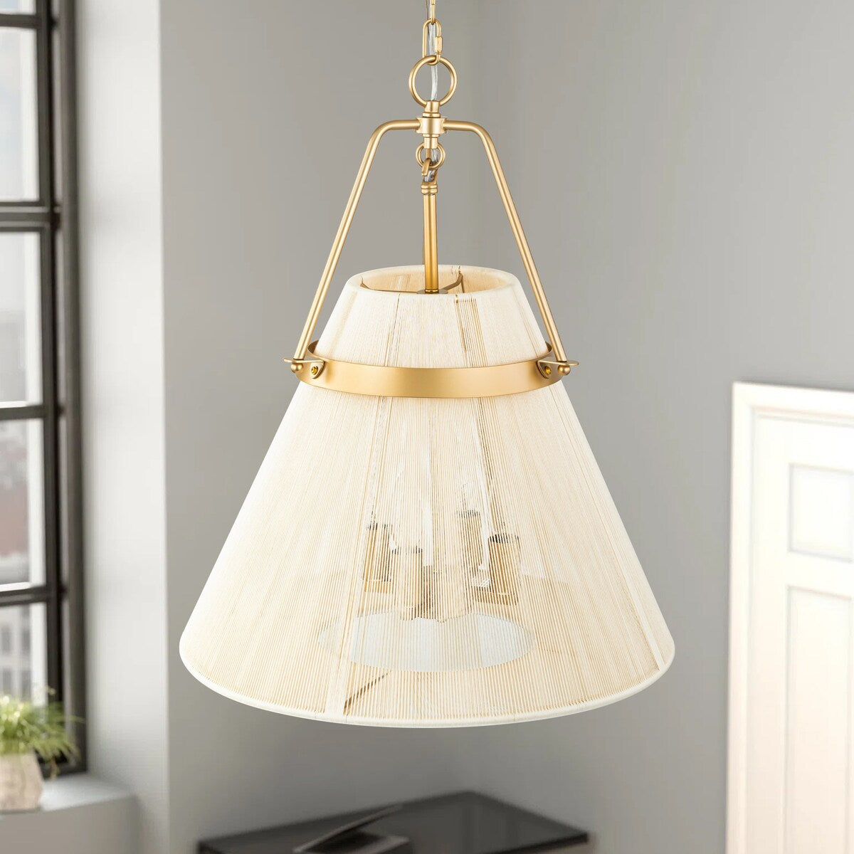 4-Light Modern Boho Hand-Woven Ivory Rope Pendant Kitchen Island Lighting Fabric Drum Chandelier - 18.1 in. W x 21.6 in. H