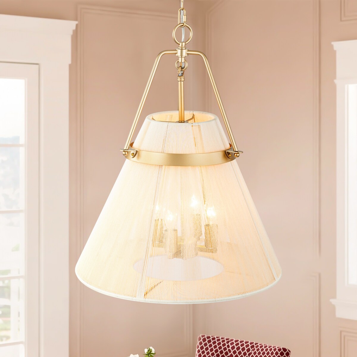 4-Light Modern Boho Hand-Woven Ivory Rope Pendant Kitchen Island Lighting Fabric Drum Chandelier - 18.1 in. W x 21.6 in. H