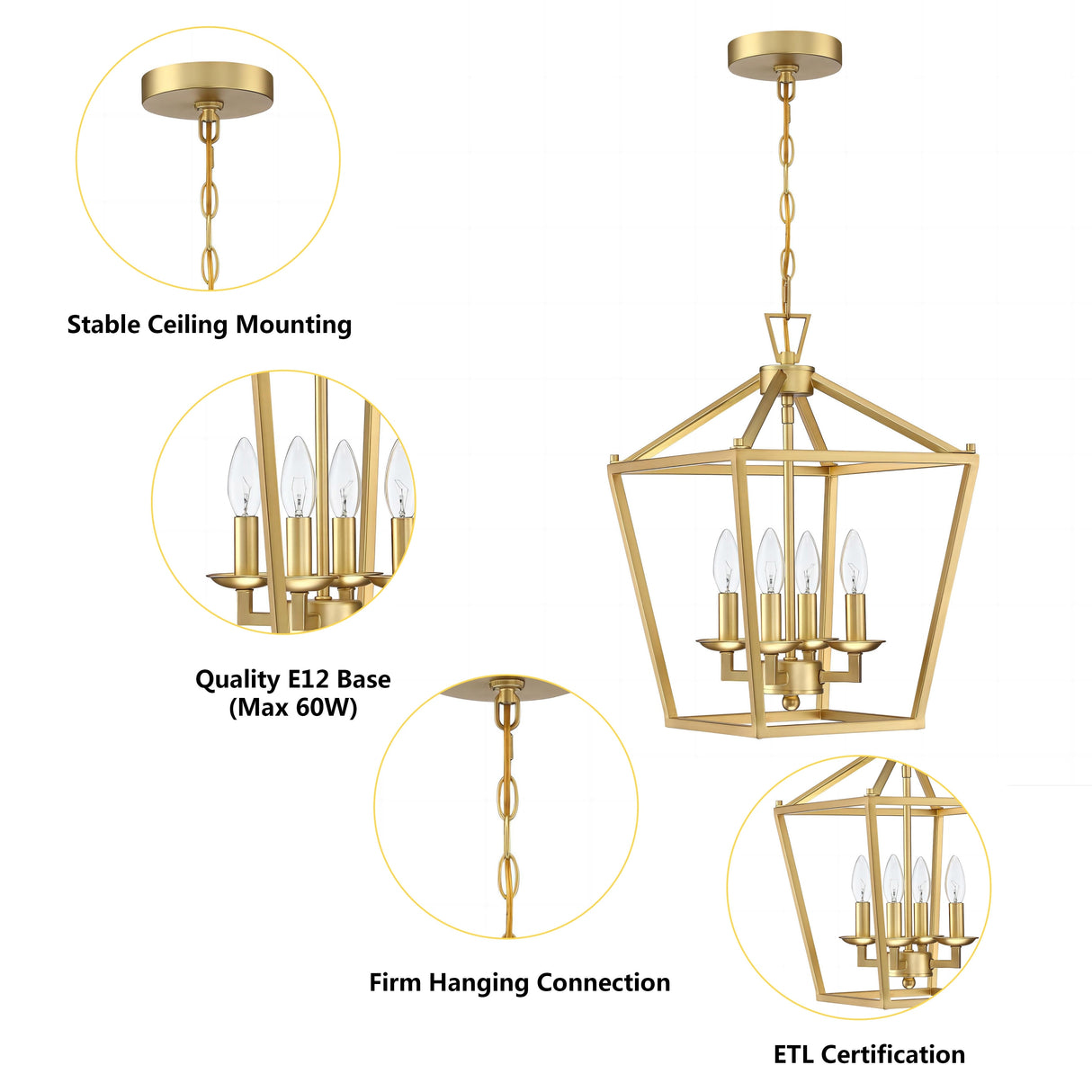 4-Light Soft Gold Lantern Geometric Pendant Light