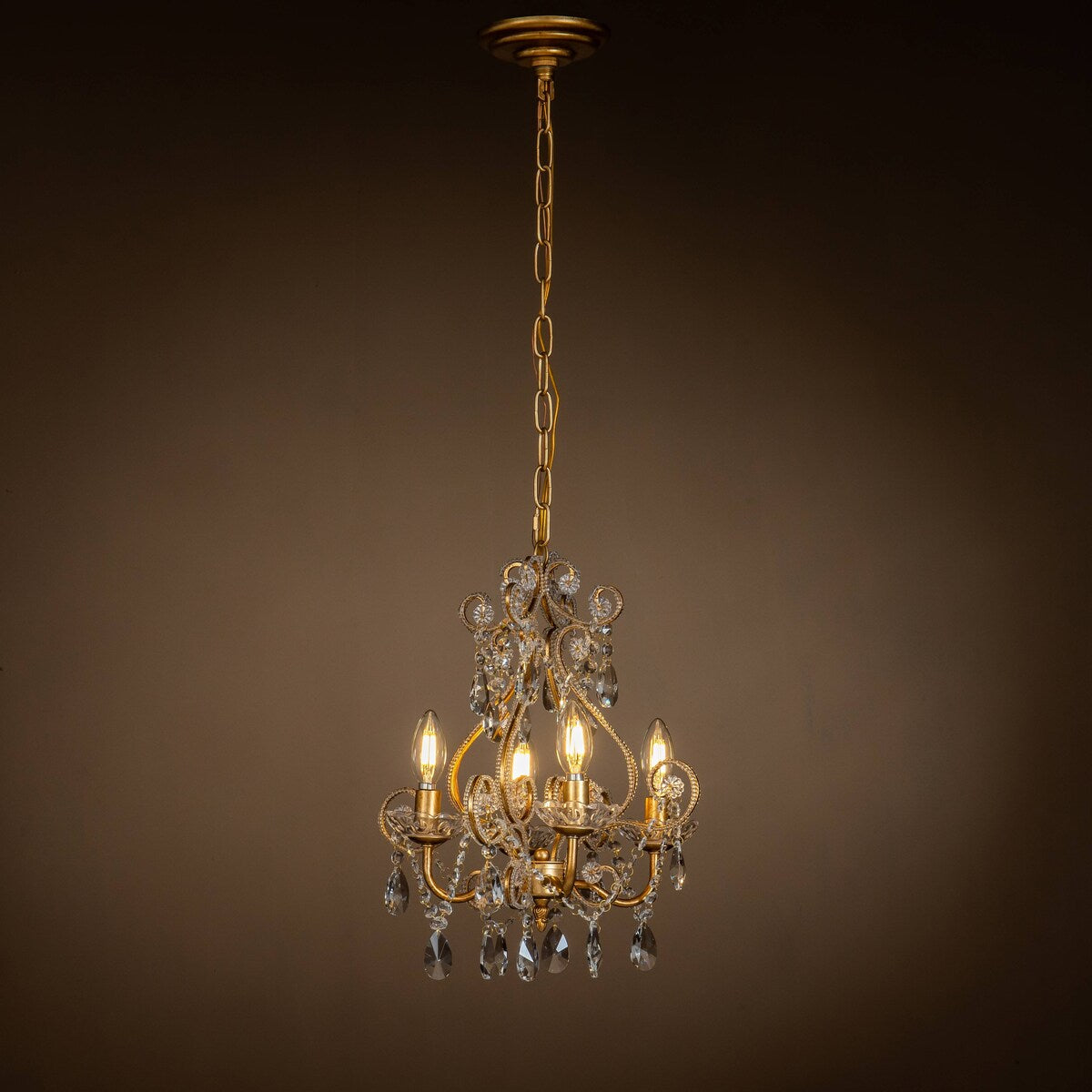 4-Lights Antique Gold Candlestick Chandelier with Crystal Accent - 13 inches