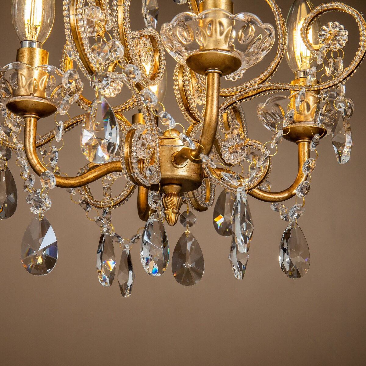 4-Lights Antique Gold Candlestick Chandelier with Crystal Accent - 13 inches