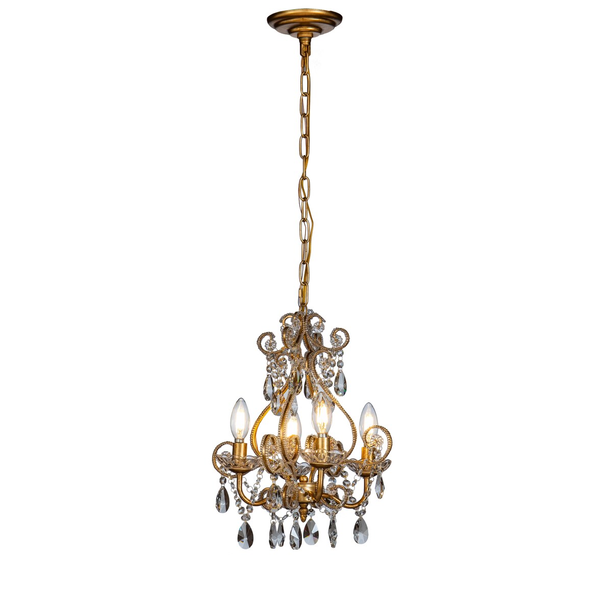 4-Lights Antique Gold Candlestick Chandelier with Crystal Accent - 13 inches