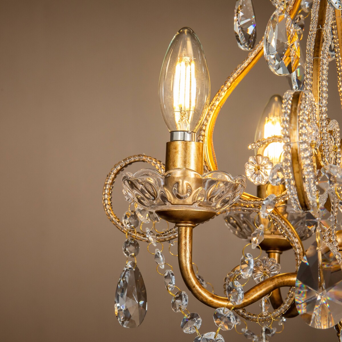 4-Lights Antique Gold Candlestick Chandelier with Crystal Accent - 13 inches