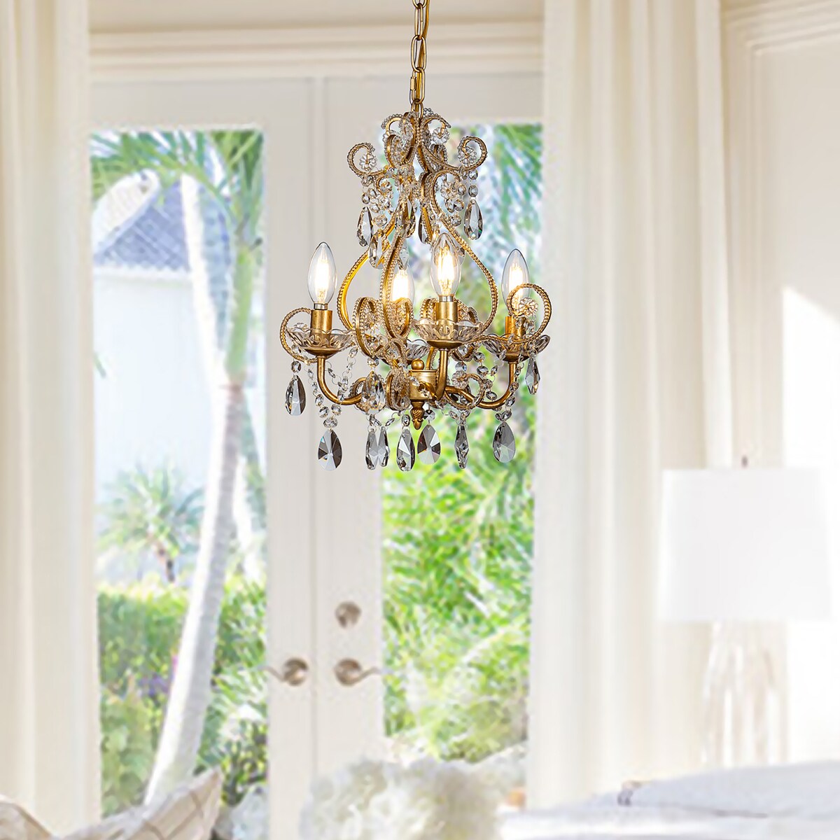 4-Lights Antique Gold Candlestick Chandelier with Crystal Accent - 13 inches