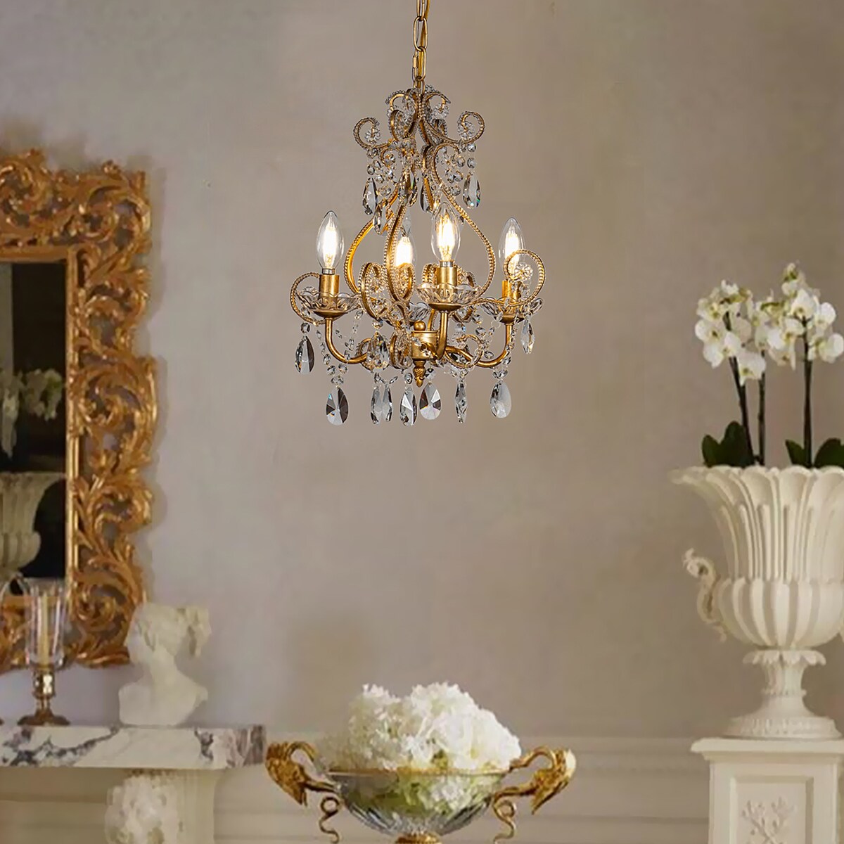 4-Lights Antique Gold Candlestick Chandelier with Crystal Accent - 13 inches