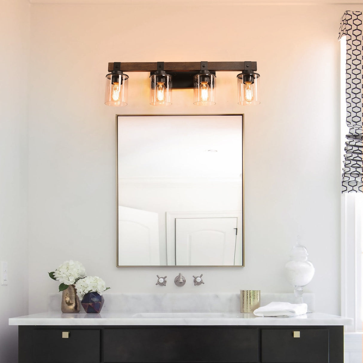 4-Lights Farmhouse Vanity Lights Fixture Rustic Bathroom Light Fixture Bathroom Sconce - Walnut+black