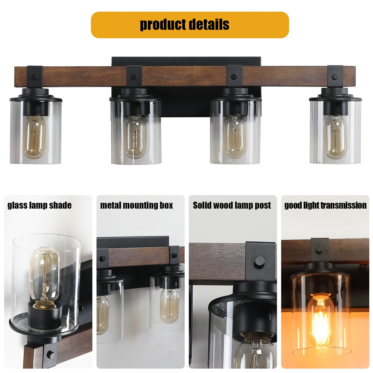 4-Lights Farmhouse Vanity Lights Fixture Rustic Bathroom Light Fixture Bathroom Sconce - Walnut+black
