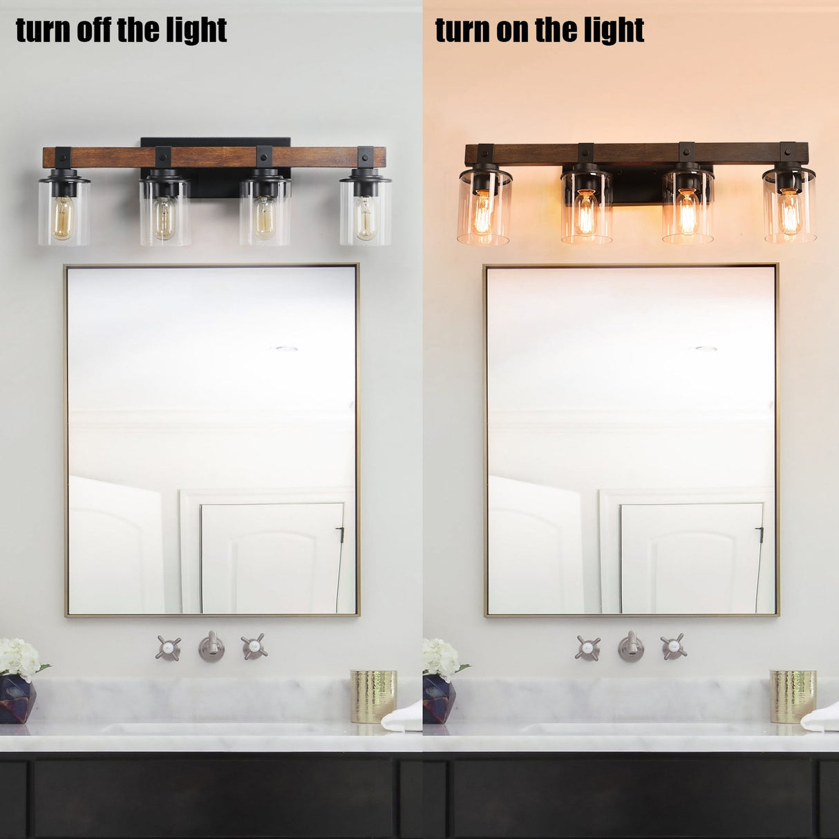 4-Lights Farmhouse Vanity Lights Fixture Rustic Bathroom Light Fixture Bathroom Sconce - Walnut+black