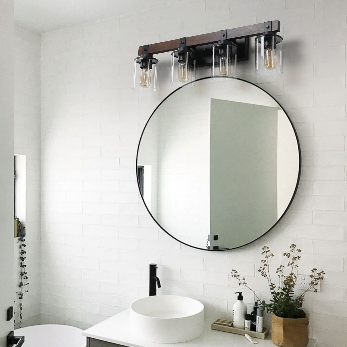 4-Lights Farmhouse Vanity Lights Fixture Rustic Bathroom Light Fixture Bathroom Sconce - Walnut+black