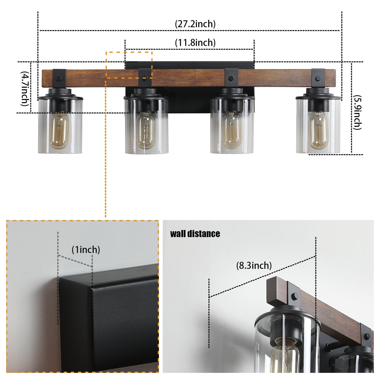 4-Lights Farmhouse Vanity Lights Fixture Rustic Bathroom Light Fixture Bathroom Sconce - Walnut+black