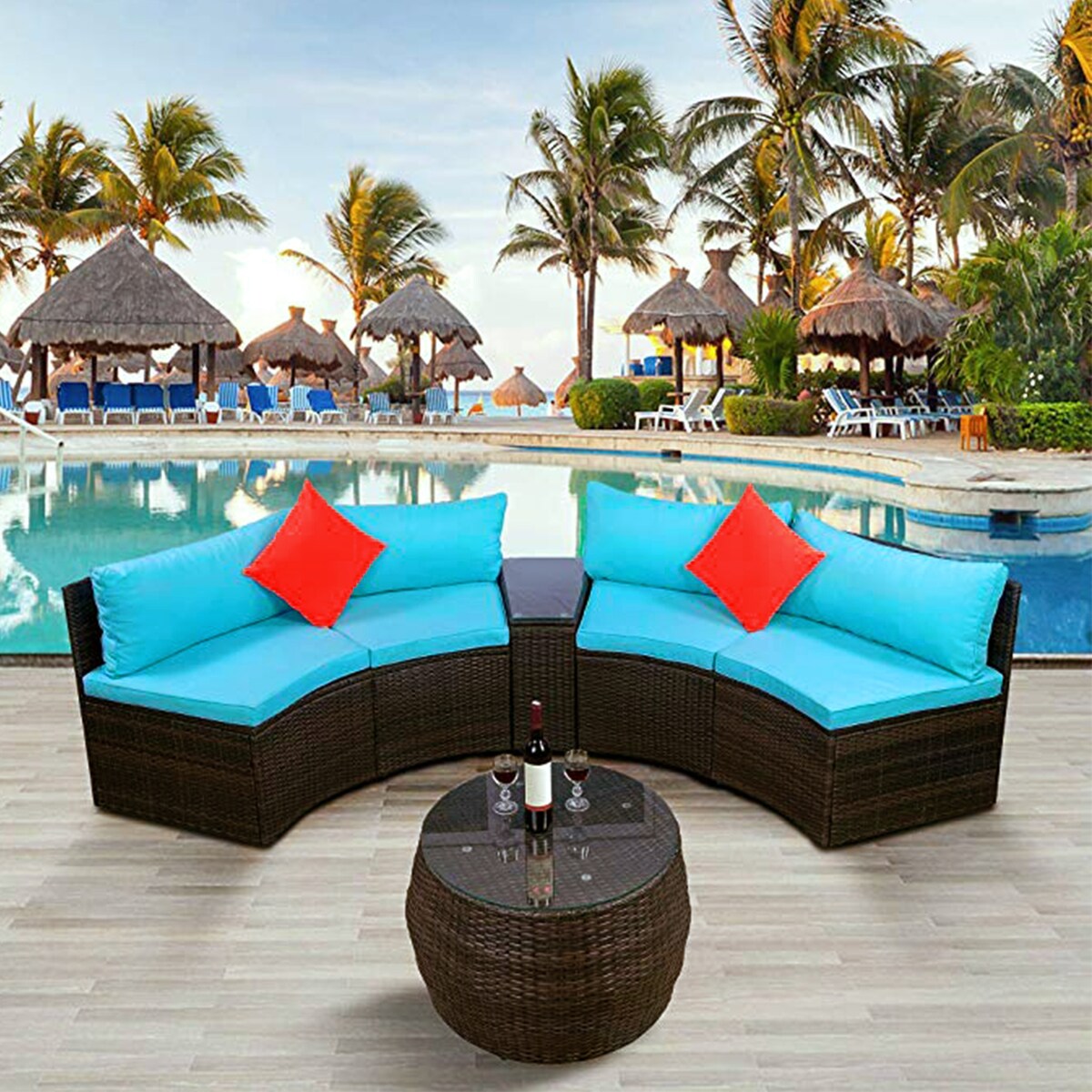 Clihome 4 PCS Outdoor Half-Moon Wicker Sofa Set with Pillows and Coffee Table
