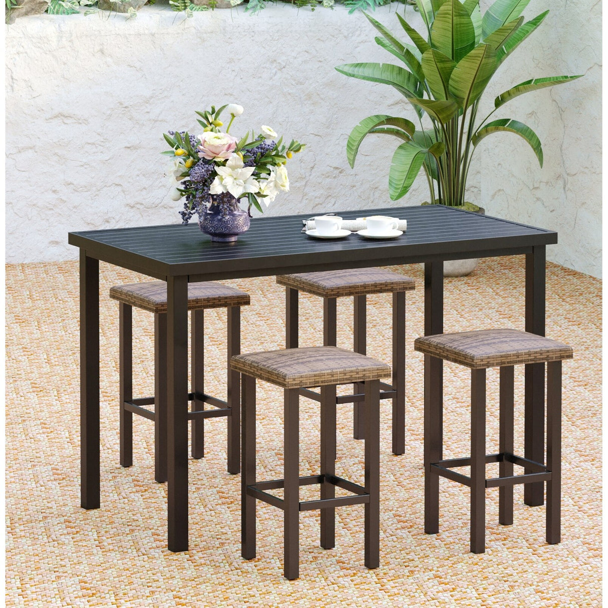 4 PCS Sturdy Patio Bar Stools with Ratten Wicker Seat