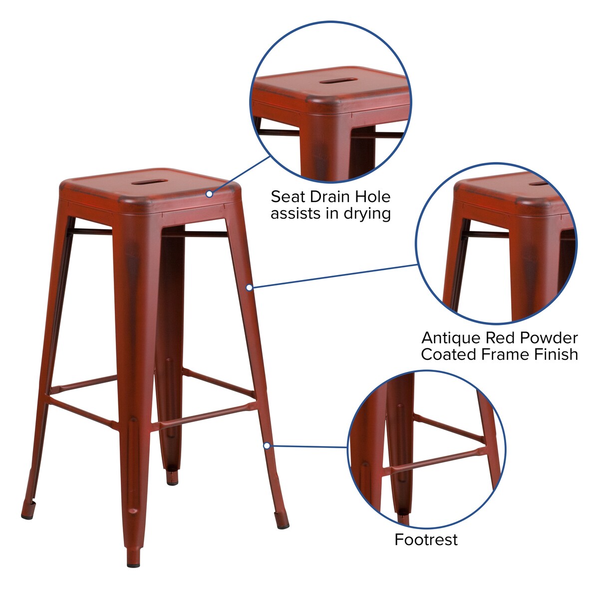 4 Pack 30" High Backless Distressed Metal Indoor-Outdoor Barstool