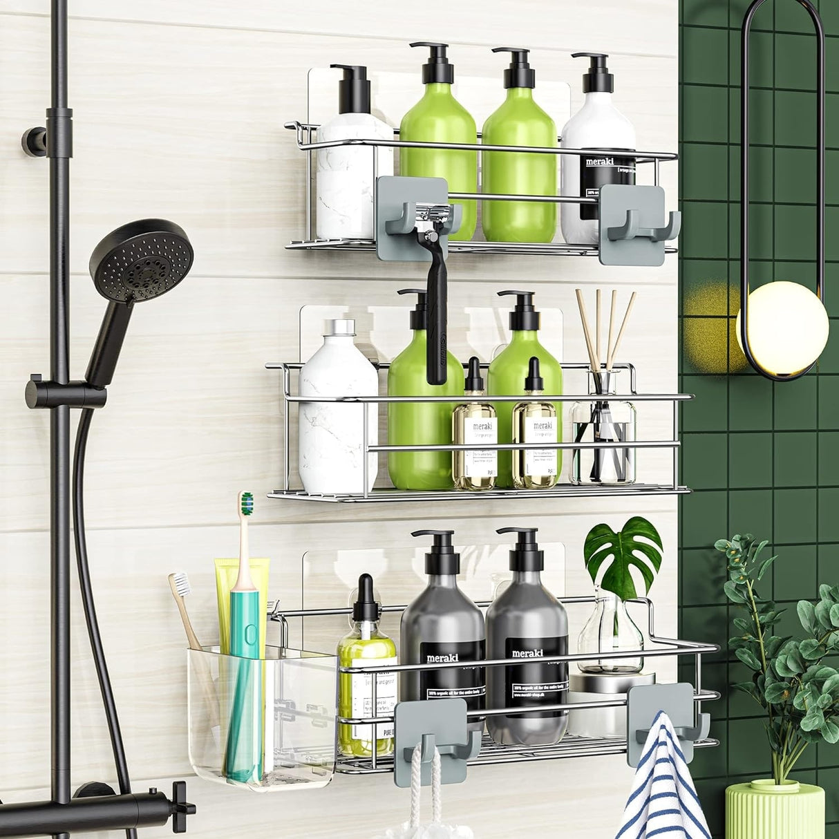 4 Pack Adhesive Shower Caddy, with 4 Movable Hooks Toothbrush Holder