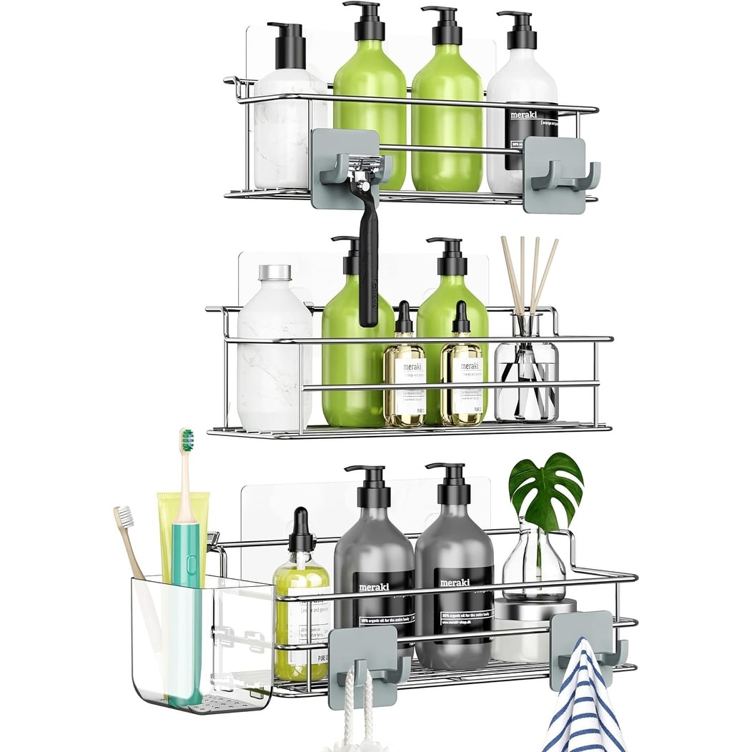 4 Pack Adhesive Shower Caddy, with 4 Movable Hooks Toothbrush Holder