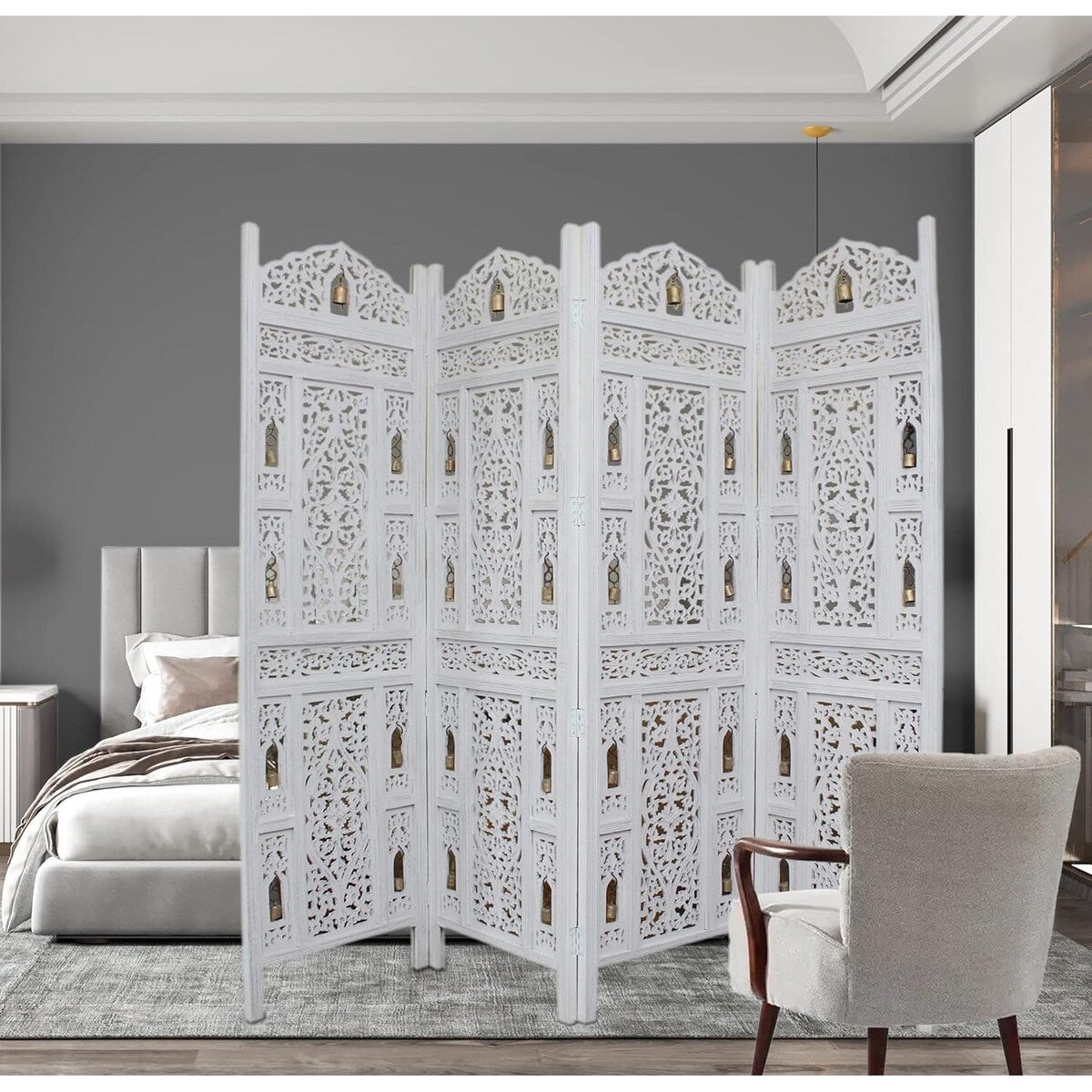 4 Panel Folding Room Divider Wood Screen,Decorative Functional Versatile Portable Partition Reversible Privacy - 4 Panel