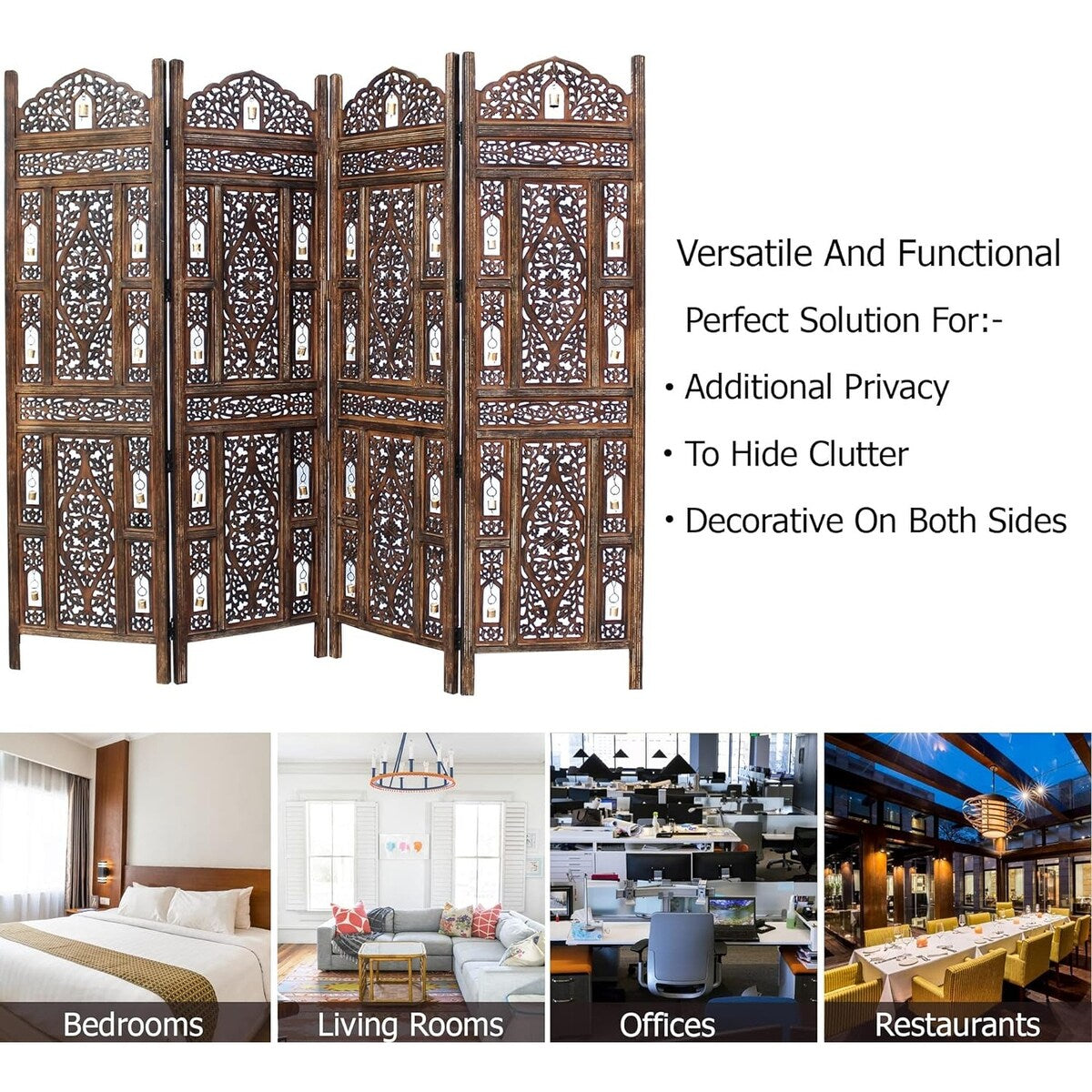 4 Panel Folding Room Divider Wood Screen,Decorative Functional Versatile Portable Partition Reversible Privacy - 4 Panel