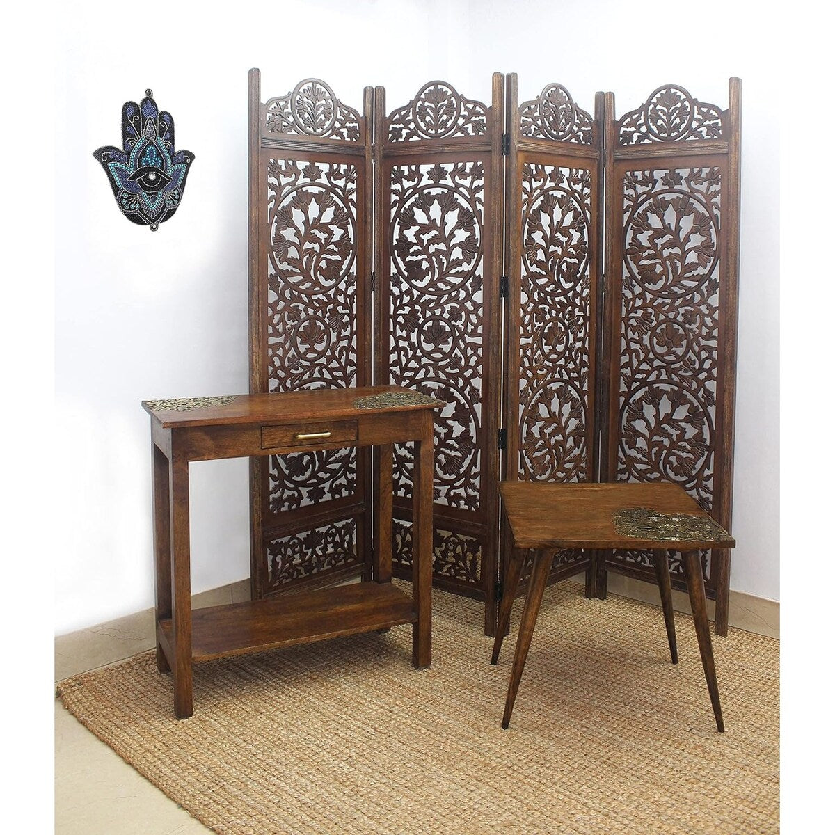 4 Panel Folding Room Divider Wood Screen,Decorative Functional Versatile Portable Partition Reversible Privacy - 4 Panel