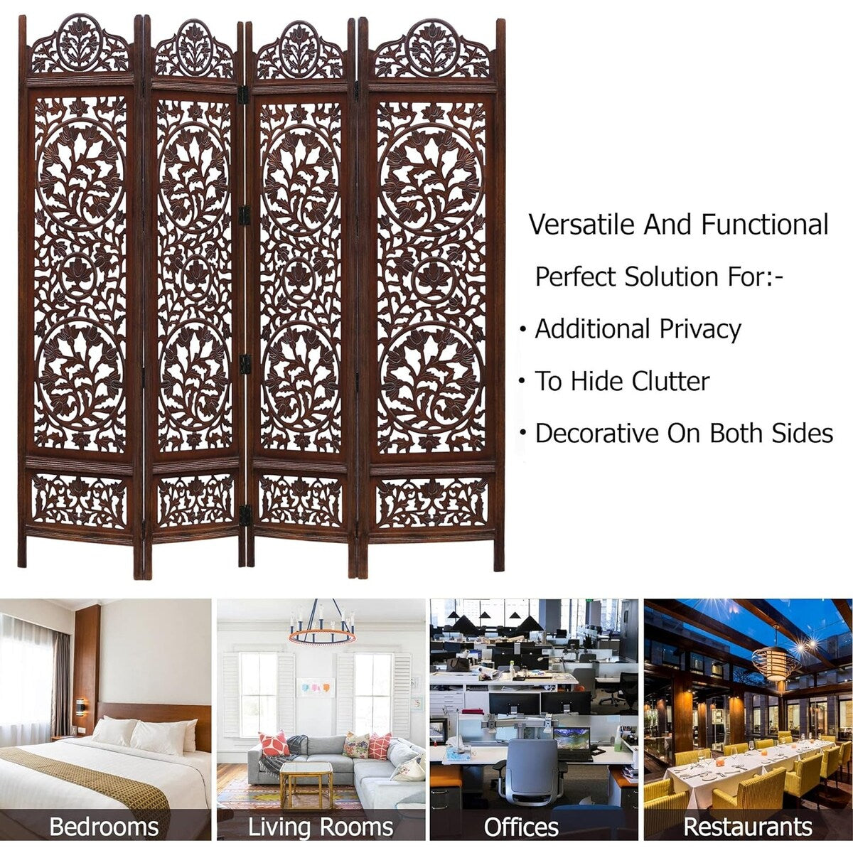 4 Panel Folding Room Divider Wood Screen,Decorative Functional Versatile Portable Partition Reversible Privacy - 4 Panel