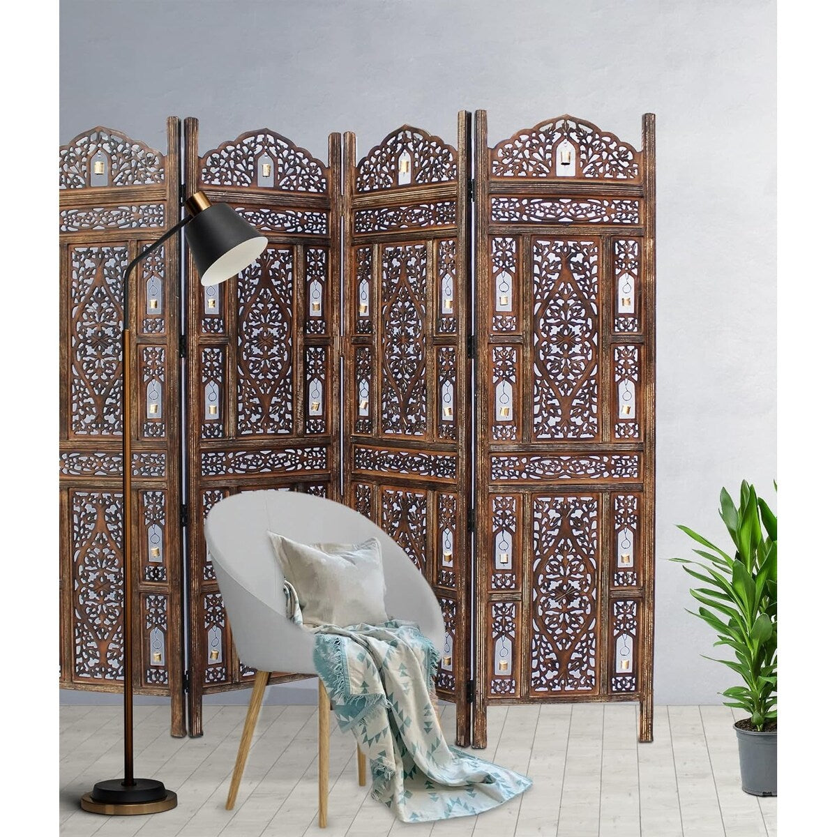 4 Panel Folding Room Divider Wood Screen,Decorative Functional Versatile Portable Partition Reversible Privacy - 4 Panel