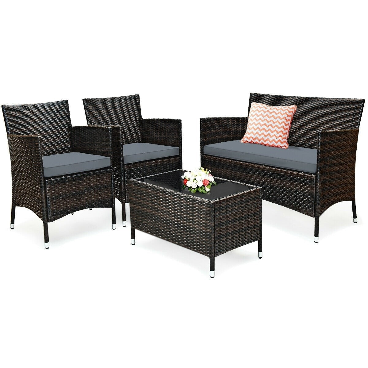 Rattan Patio Conversation Furniture Set with Glass Table and Comfortable Sofa - 4 Pcs