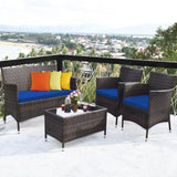 Rattan Patio Conversation Furniture Set with Glass Table and Comfortable Sofa - 4 Pcs
